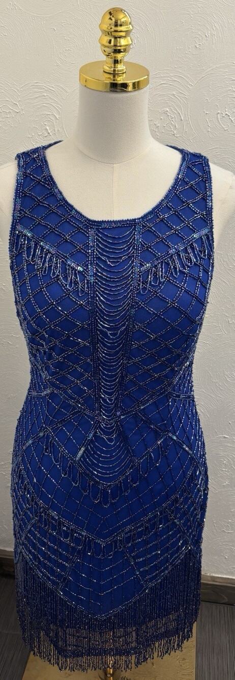 Rachel Allan Royal Blue Beaded Fringe Flapper Cocktail Homecoming Mini Dress 10
